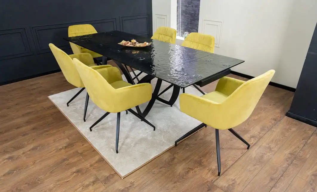 Set Masă Living Extensibilă CT241 Blat Sticlă Securizată Neagră cu 6 Scaune KJC4345 Muștar 5