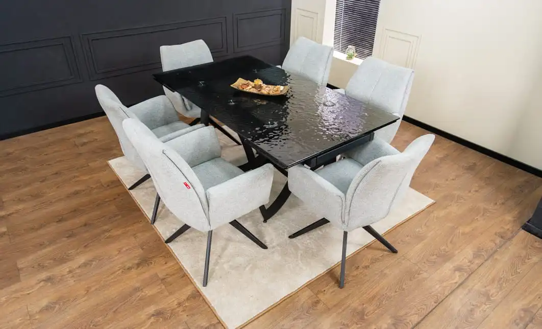 Set Masă Living Extensibilă CT241 Blat Sticlă Securizată Neagră cu 6 Scaune KJC77 Gri Deschis 1