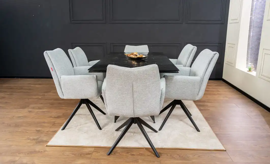 Set Masă Living Extensibilă CT241 Blat Sticlă Securizată Neagră cu 6 Scaune KJC77 Gri Deschis 5