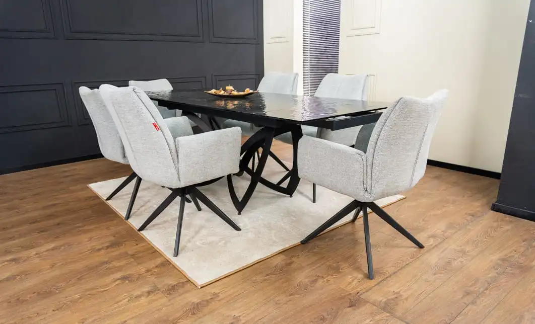 Set Masă Living Extensibilă CT241 Blat Sticlă Securizată Neagră cu 6 Scaune KJC77 Gri Deschis 3