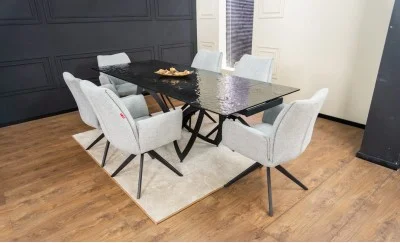 Set Masă Living Extensibilă CT241 Blat Sticlă Securizată Neagră cu 6 Scaune KJC77 Gri Deschis