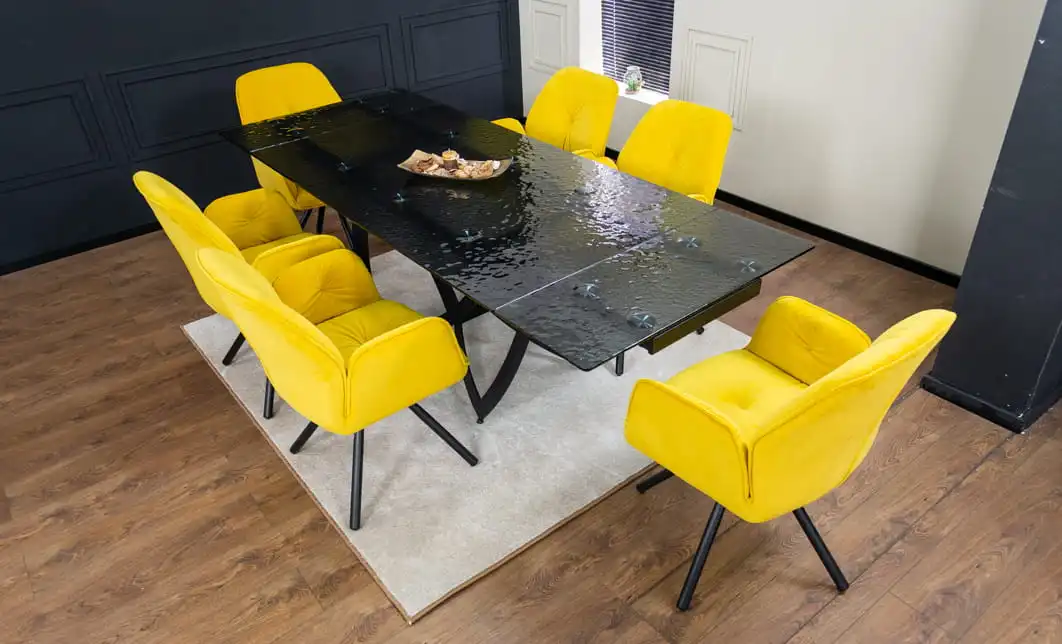 Set Masă Living Extensibilă CT241 Blat Sticlă Securizată Neagră cu 6 Scaune KJC80 Galbene 3