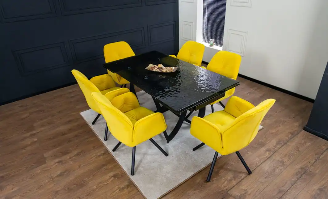 Set Masă Living Extensibilă CT241 Blat Sticlă Securizată Neagră cu 6 Scaune KJC80 Galbene 1