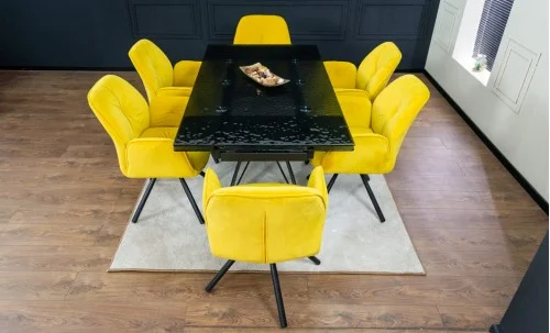 Set Masă Living Extensibilă CT241 Blat Sticlă Securizată Neagră cu 6 Scaune KJC80 Galbene
