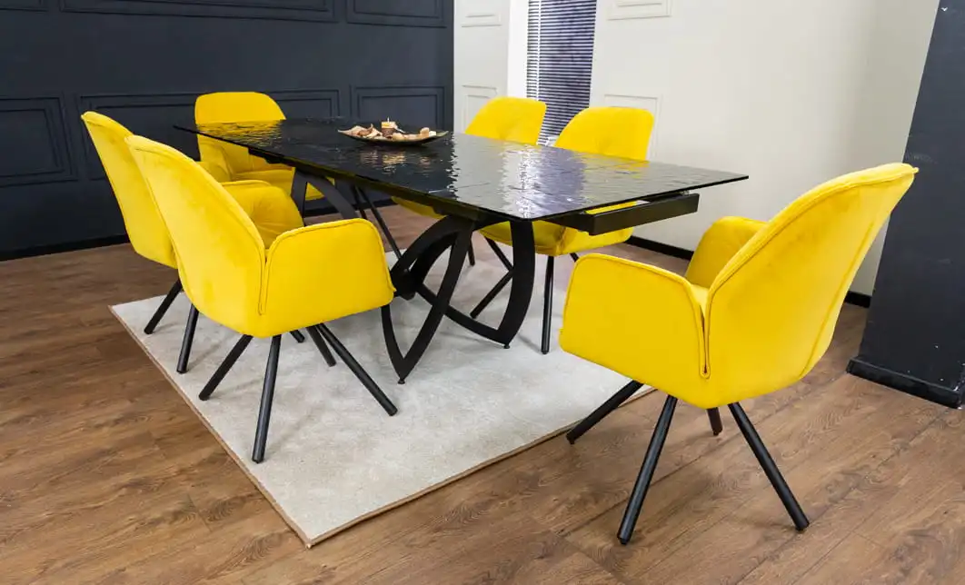 Set Masă Living Extensibilă CT241 Blat Sticlă Securizată Neagră cu 6 Scaune KJC80 Galbene 4