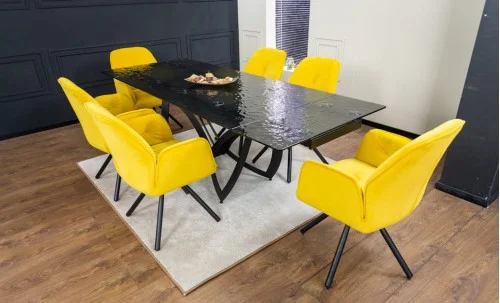 Set Masă Living Extensibilă CT241 Blat Sticlă Securizată Neagră cu 6 Scaune KJC80 Galbene