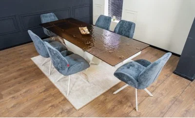 Set Masă Living Extensibilă CT242 Blat Sticlă Securizată cu 6 Scaune Tapițate DCM0104CS Gri