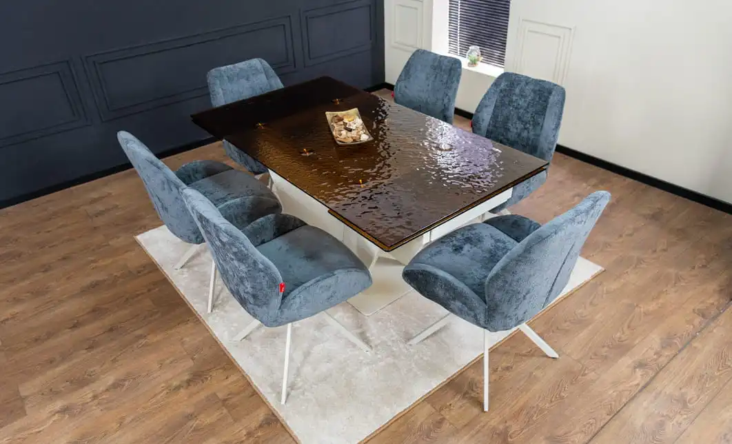 Set Masă Living Extensibilă CT242 Blat Sticlă Securizată cu 6 Scaune Tapițate DCM0104CS Gri 5