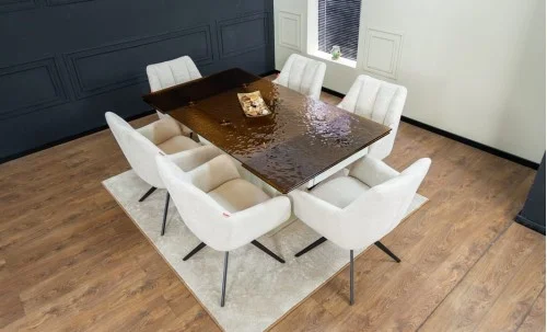 Set Masă Living Extensibilă CT242 Blat Sticlă Securizată cu 6 Scaune DCM0112AS Bej