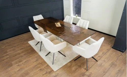 Set Masă Living Extensibilă CT242 Blat Sticlă Securizată cu 6 Scaune DCM0112AS Bej