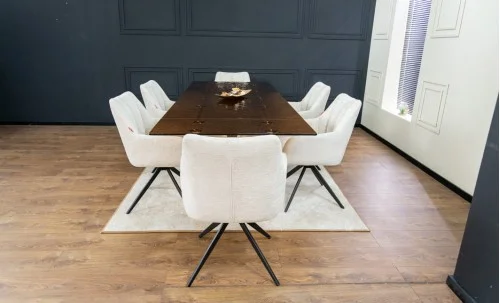 Set Masă Living Extensibilă CT242 Blat Sticlă Securizată cu 6 Scaune DCM0112AS Bej
