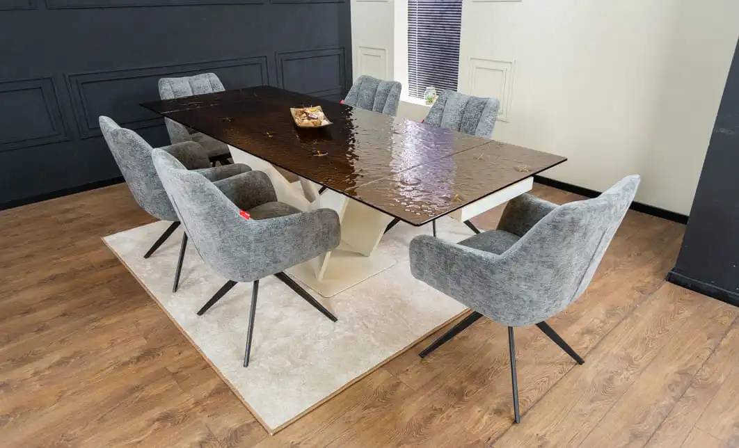 Set Masă Living Extensibilă CT242 Blat Sticlă Securizată cu 6 Scaune DCM0112AS Gri