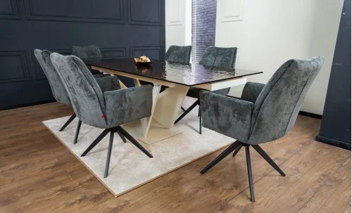 Set Masă Living Extensibilă CT242 Blat Sticlă Securizată cu 6 Scaune DCM0601AS Gri Închis