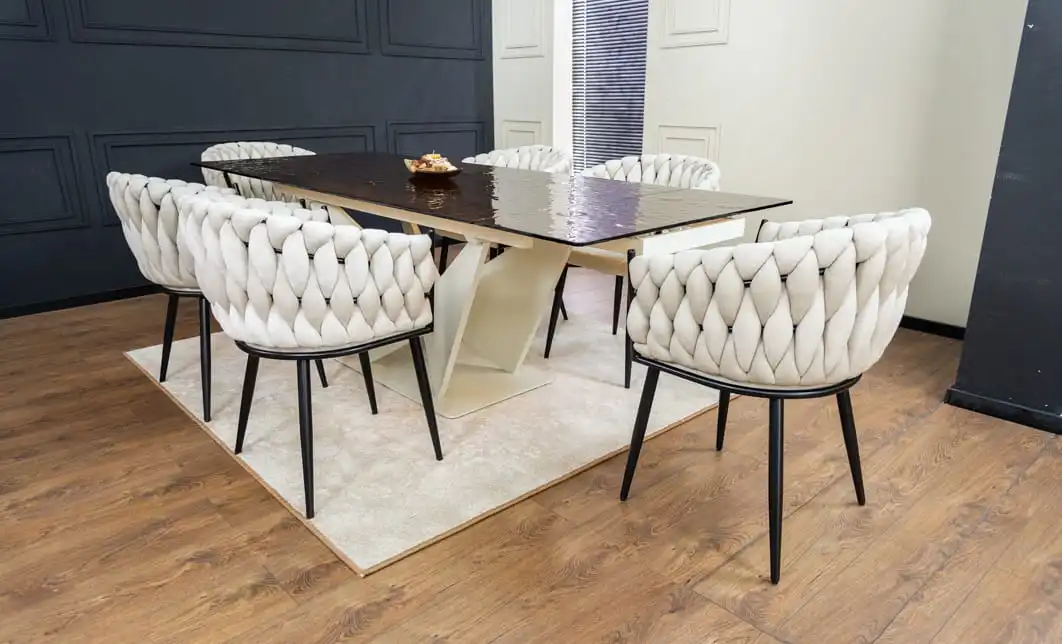 Set Masă Living Extensibilă CT242 Blat Sticlă Securizată cu 6 Scaune KJC11 Bej 2