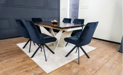 Set Masă Living Extensibilă CT242 Blat Sticlă Securizată cu 6 Scaune KJC356 Negre