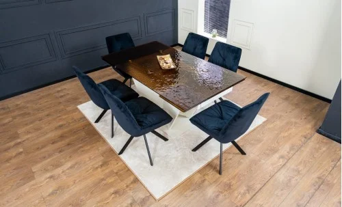 Set Masă Living Extensibilă CT242 Blat Sticlă Securizată cu 6 Scaune KJC356 Negre