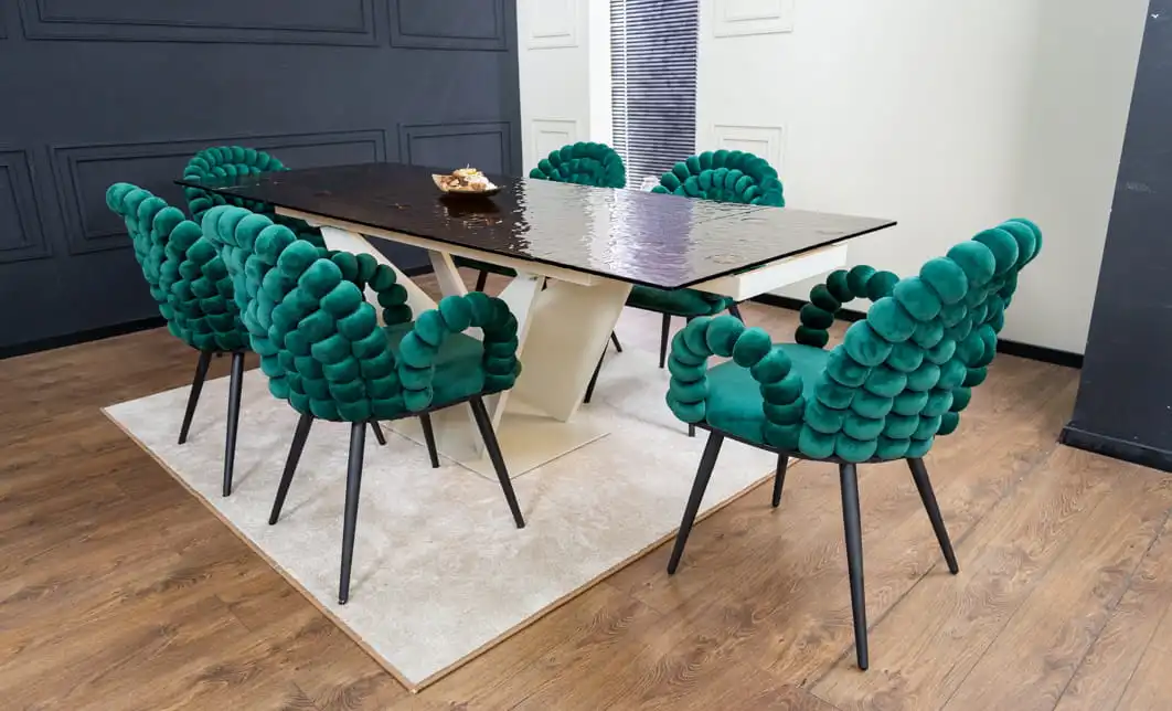 Set Masă Living Extensibilă CT242 Blat Sticlă Securizată cu 6 Scaune KJC376 Verzi 3