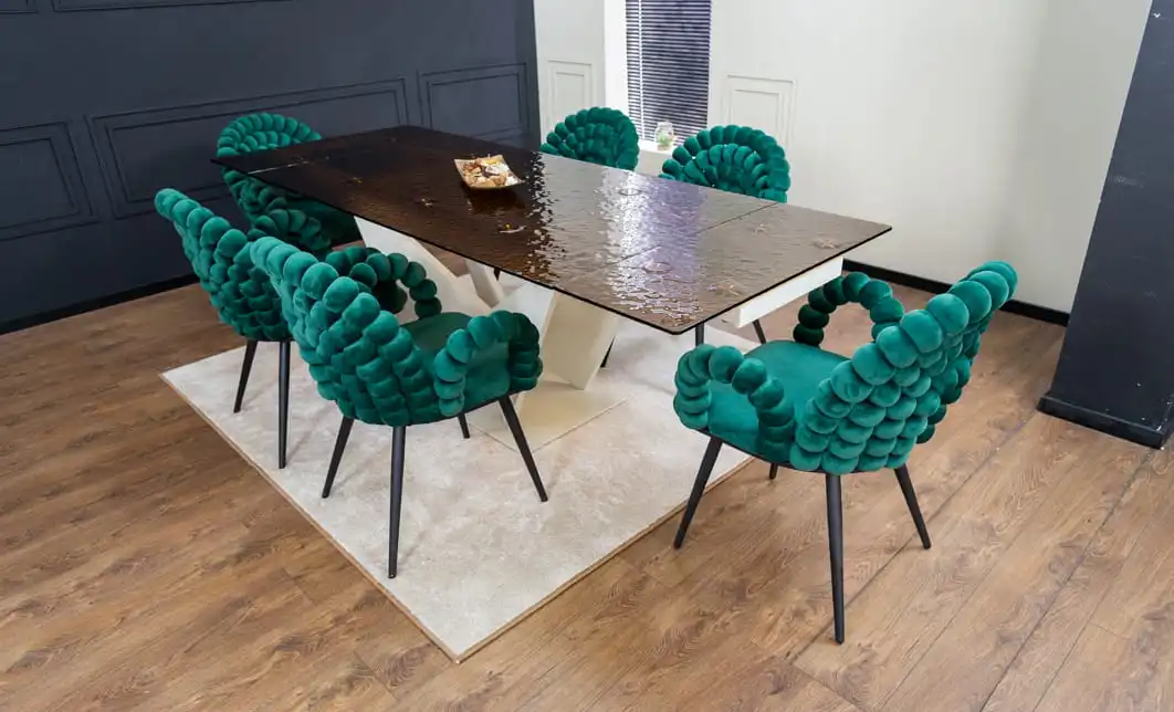 Set Masă Living Extensibilă CT242 Blat Sticlă Securizată cu 6 Scaune KJC376 Verzi