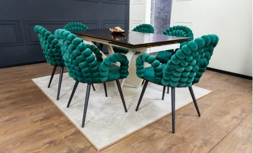 Set Masă Living Extensibilă CT242 Blat Sticlă Securizată cu 6 Scaune KJC376 Verzi