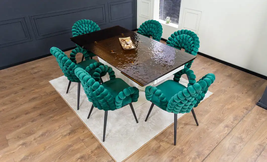 Set Masă Living Extensibilă CT242 Blat Sticlă Securizată cu 6 Scaune KJC376 Verzi 1