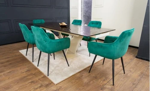 Set Masă Living Extensibilă CT242 Blat Sticlă Securizată cu 6 Scaune KJC38 Verzi