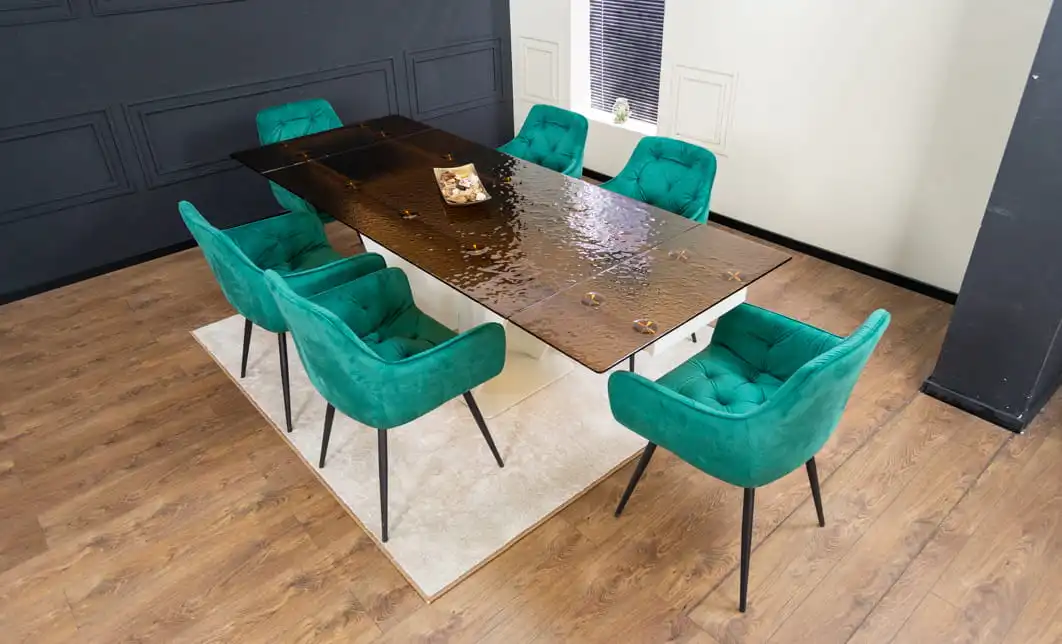 Set Masă Living Extensibilă CT242 Blat Sticlă Securizată cu 6 Scaune KJC38 Verzi 2