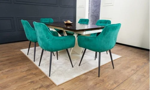 Set Masă Living Extensibilă CT242 Blat Sticlă Securizată cu 6 Scaune KJC38 Verzi