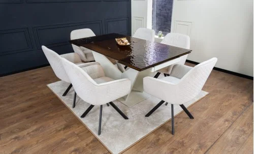 Set Masă Living Extensibilă CT242 Blat Sticlă Securizată cu 6 Scaune KJC3846 Bej