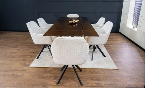 Set Masă Living Extensibilă CT242 Blat Sticlă Securizată cu 6 Scaune KJC3846 Bej