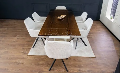 Set Masă Living Extensibilă CT242 Blat Sticlă Securizată cu 6 Scaune KJC3846 Bej