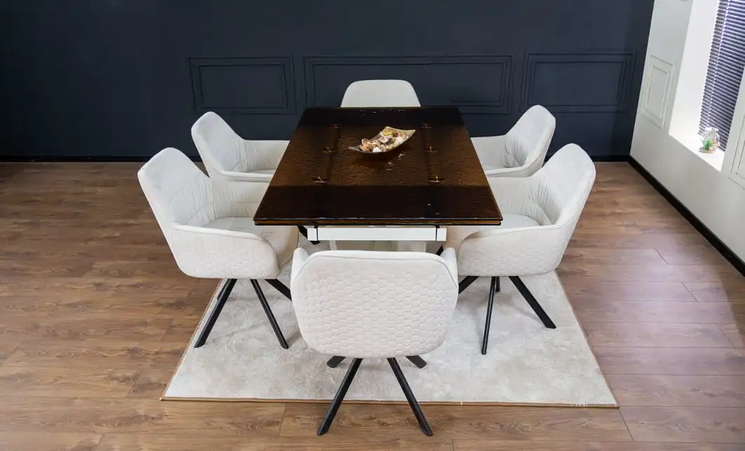 Set Masă Living Extensibilă CT242 Blat Sticlă Securizată cu 6 Scaune KJC3846 Bej 6