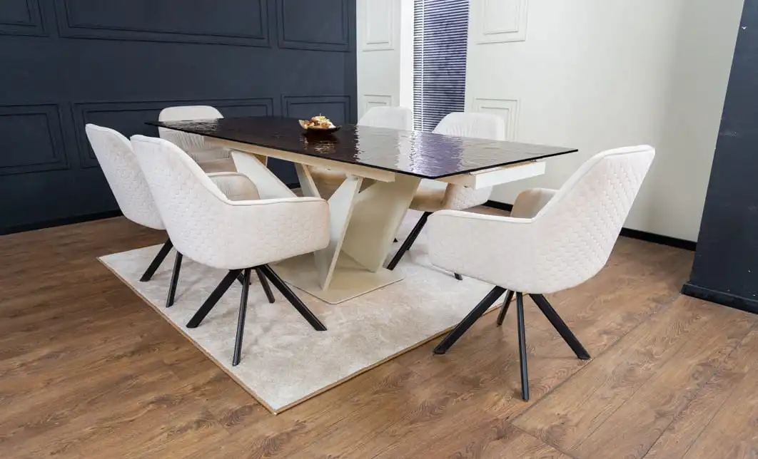 Set Masă Living Extensibilă CT242 Blat Sticlă Securizată cu 6 Scaune KJC3846 Bej 2