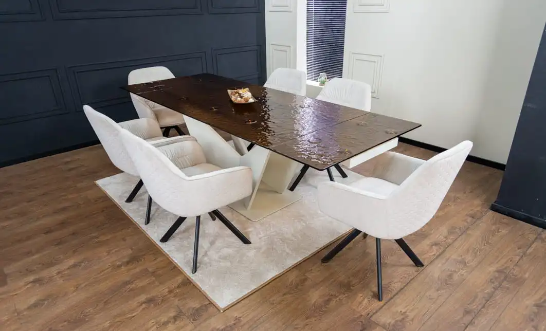 Set Masă Living Extensibilă CT242 Blat Sticlă Securizată cu 6 Scaune KJC3846 Bej