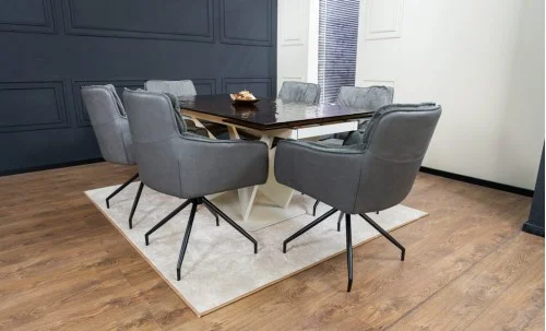 Set Masă Living Extensibilă CT242 Blat Sticlă Securizată cu 6 Scaune KJC389 Gri