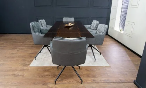 Set Masă Living Extensibilă CT242 Blat Sticlă Securizată cu 6 Scaune KJC389 Gri