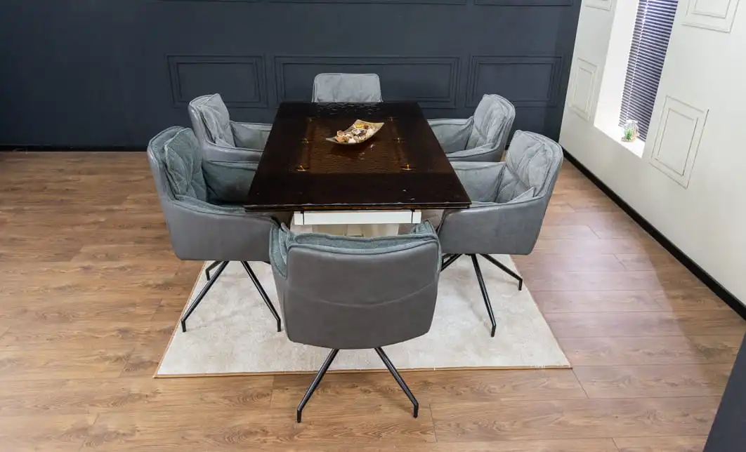 Set Masă Living Extensibilă CT242 Blat Sticlă Securizată cu 6 Scaune KJC389 Gri 7