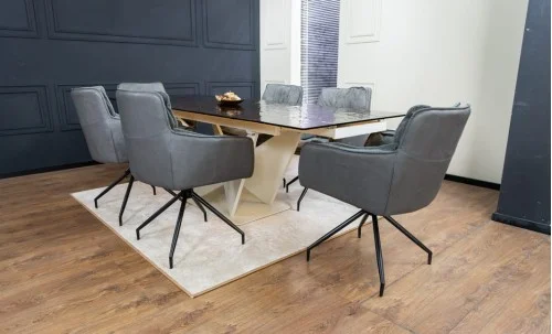 Set Masă Living Extensibilă CT242 Blat Sticlă Securizată cu 6 Scaune KJC389 Gri