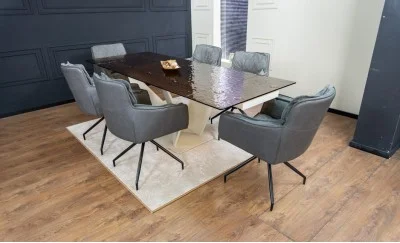 Set Masă Living Extensibilă CT242 Blat Sticlă Securizată cu 6 Scaune KJC389 Gri