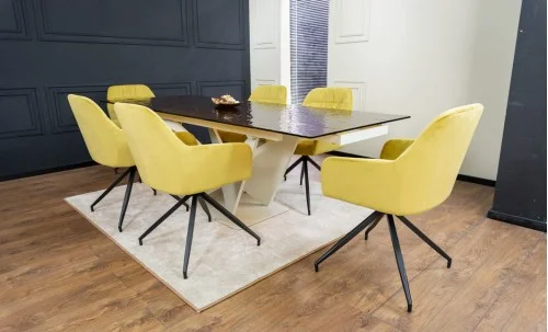 Set Masă Living Extensibilă CT242 Blat Sticlă Securizată cu 6 Scaune KJC4345 Muștar