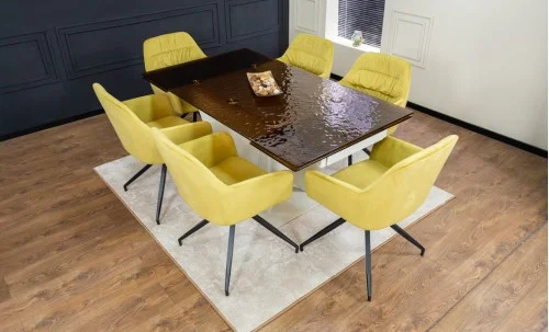 Set Masă Living Extensibilă CT242 Blat Sticlă Securizată cu 6 Scaune KJC4345 Muștar