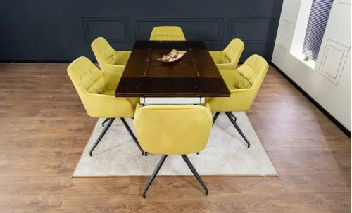 Set Masă Living Extensibilă CT242 Blat Sticlă Securizată cu 6 Scaune KJC4345 Muștar
