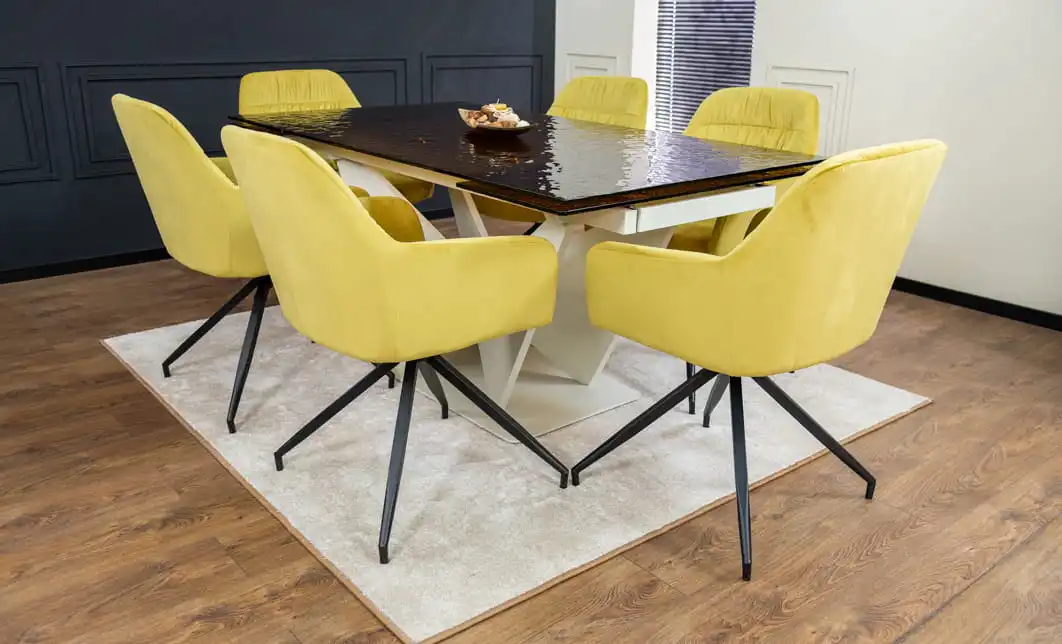 Set Masă Living Extensibilă CT242 Blat Sticlă Securizată cu 6 Scaune KJC4345 Muștar 5