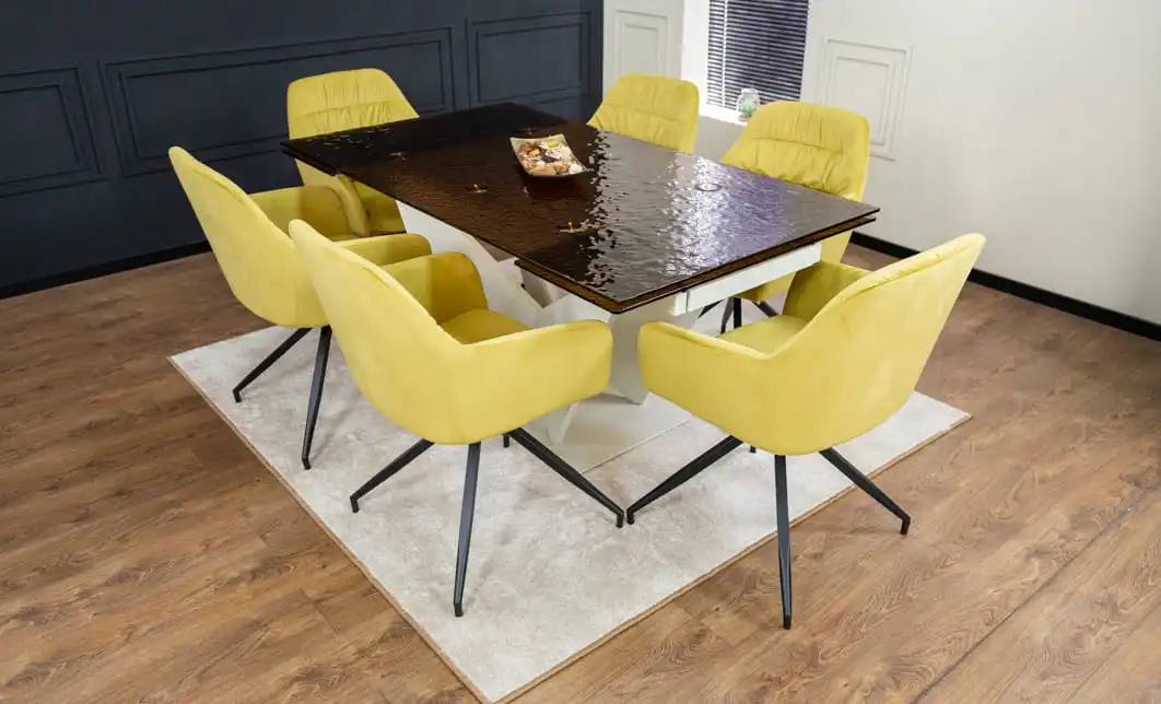 Set Masă Living Extensibilă CT242 Blat Sticlă Securizată cu 6 Scaune KJC4345 Muștar
