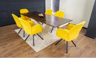 Set Masă Living Extensibilă CT242 Blat Sticlă Securizată cu 6 Scaune KJC80 Galbene