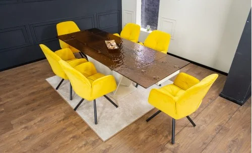 Set Masă Living Extensibilă CT242 Blat Sticlă Securizată cu 6 Scaune KJC80 Galbene