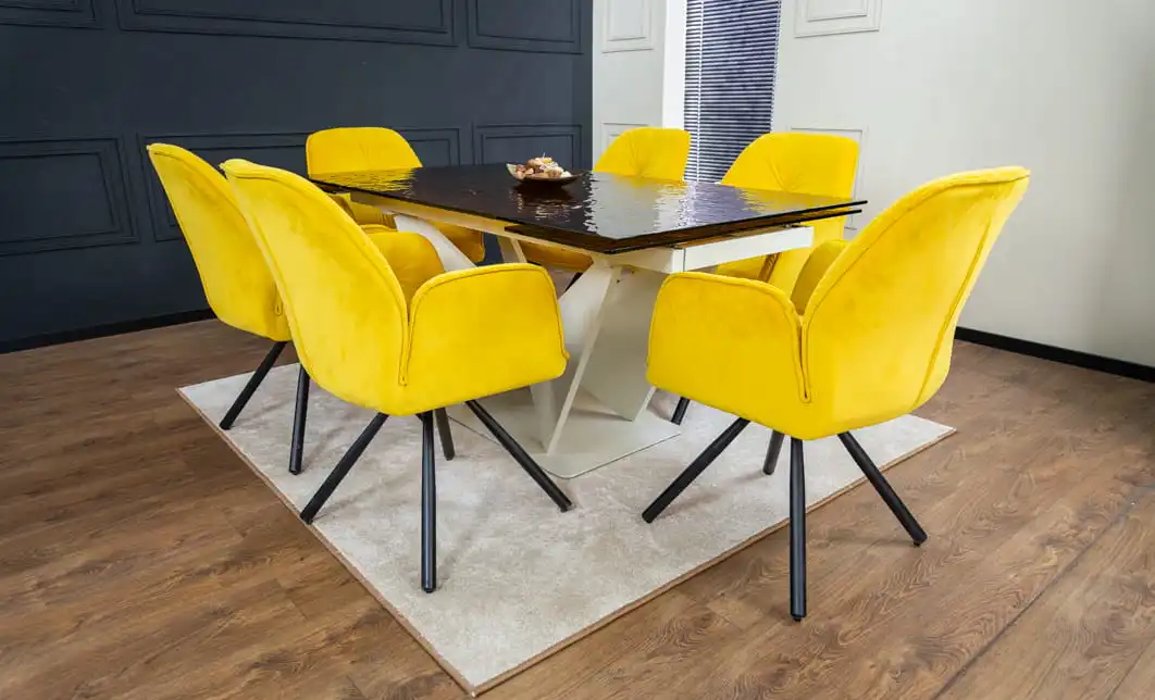 Set Masă Living Extensibilă CT242 Blat Sticlă Securizată cu 6 Scaune KJC80 Galbene 3