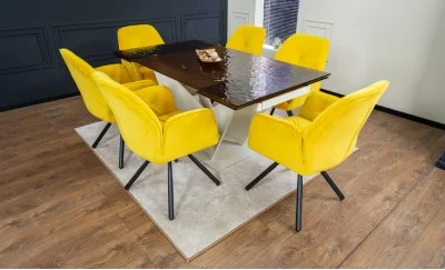 Set Masă Living Extensibilă CT242 Blat Sticlă Securizată cu 6 Scaune KJC80 Galbene