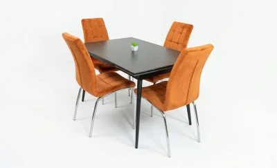 Set Masă Living Extensibilă DTM0101 Blat Ceramic Gri cu 4 Scaune Tapițate F630 Portocalii