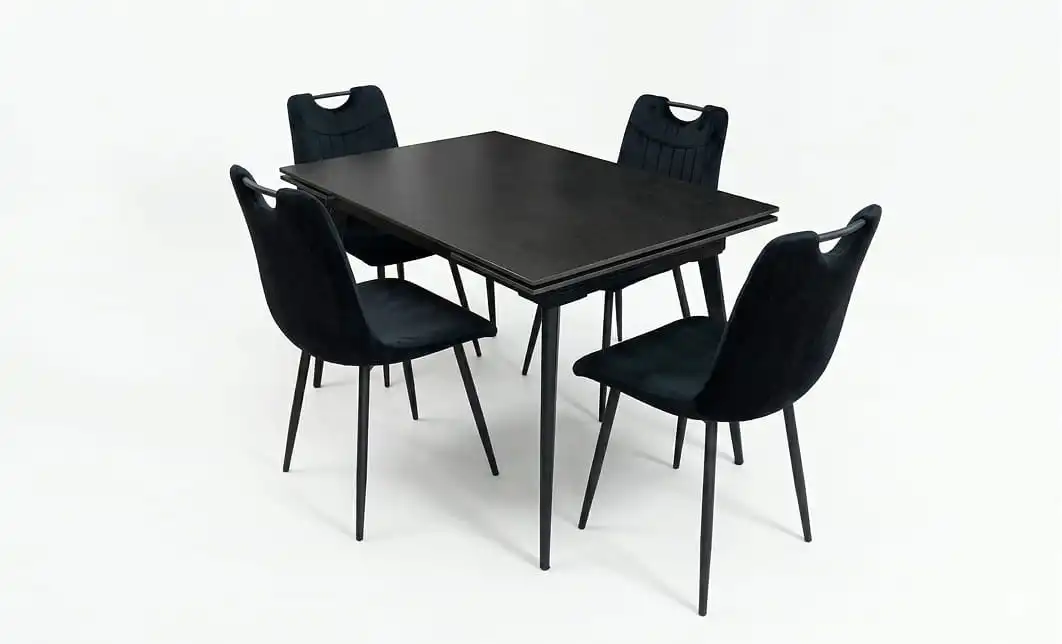 Set Masă Living Extensibilă DTM0101 Blat Ceramic Gri cu 4 Scaune Tapițate KJC0358 Negre 1