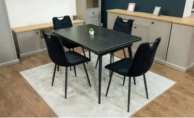 Set Masă Living Extensibilă DTM0101 Blat Ceramic Gri cu 4 Scaune Tapițate KJC0358 Negre